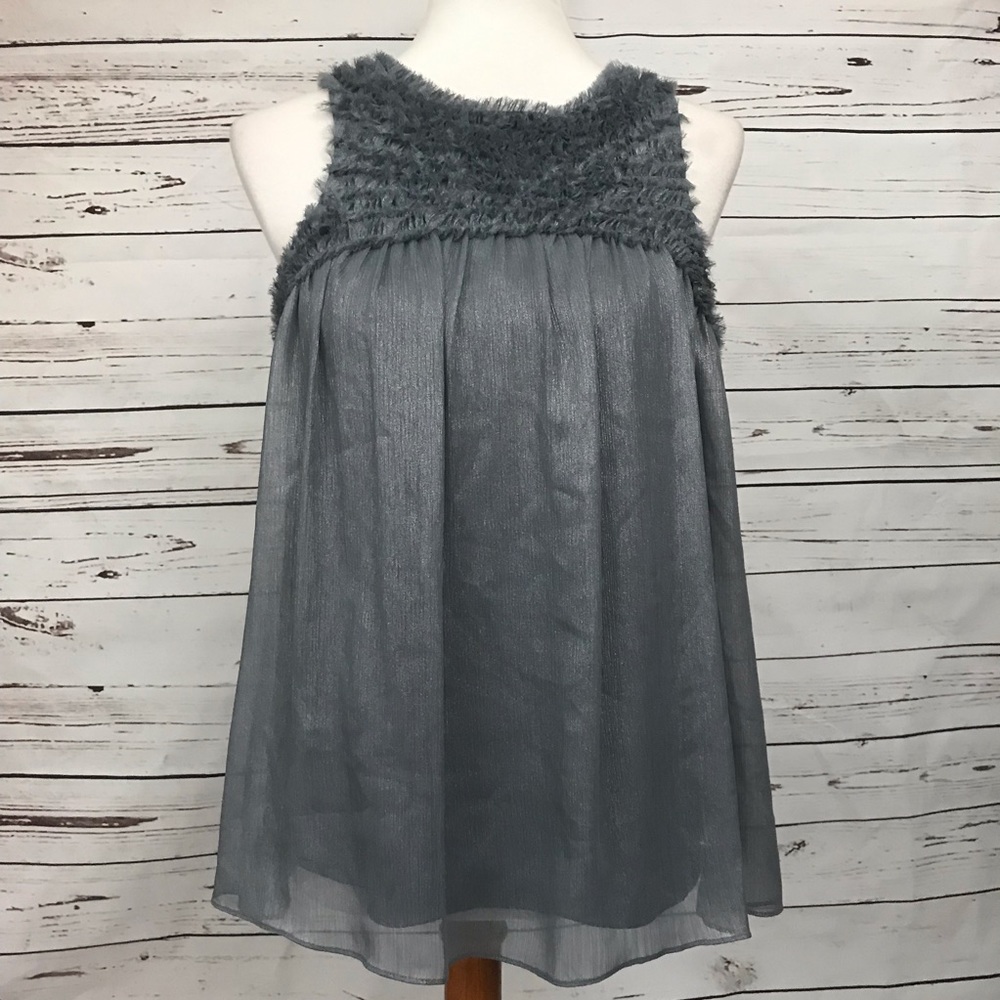 Kenar Silver Metallic Fringe Sleeveless Top Sz M